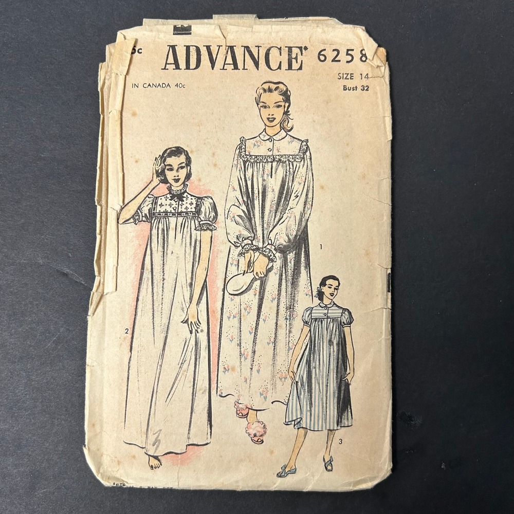 Vintage 40's Advance Sewing Pattern 6258 Misses Size 14 Nightgown 32 Bust